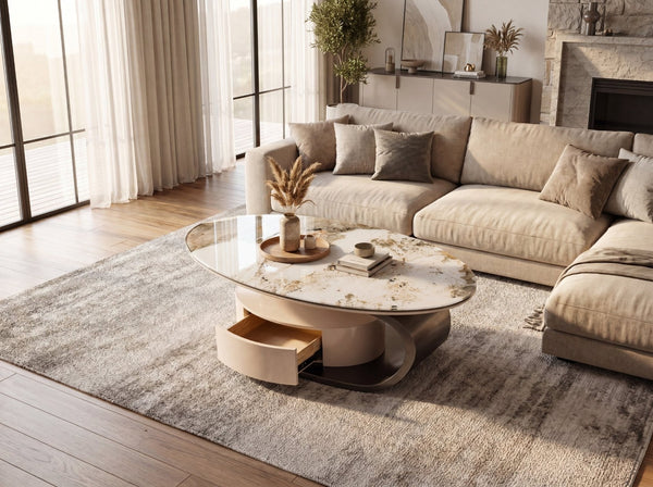 English Elm 51.18" Oval Faux Marble Glass Coffee Table Sculptural Steel Base with Storage Drawer W2723S00095