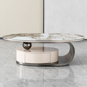 English Elm 51.18" Oval Faux Marble Glass Coffee Table Sculptural Steel Base with Storage Drawer W2723S00095