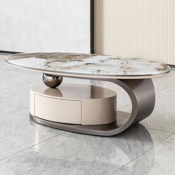English Elm 51.18" Oval Faux Marble Glass Coffee Table Sculptural Steel Base with Storage Drawer W2723S00095