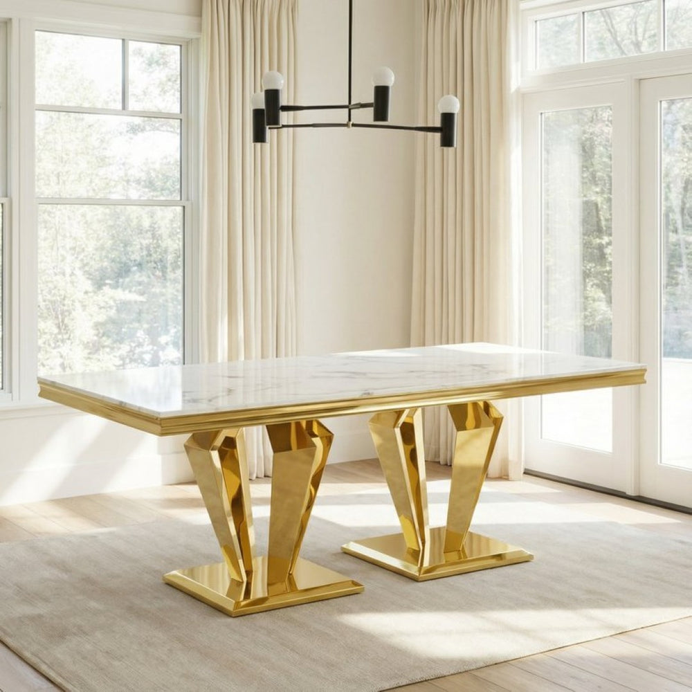 English Elm Mdf Marble Look Dining Table Seats Six Polished Gold Stainless Sculptural Base W2723S00096