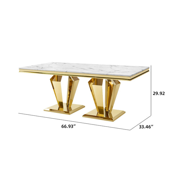 English Elm Mdf Marble Look Dining Table Seats Six Polished Gold Stainless Sculptural Base W2723S00096