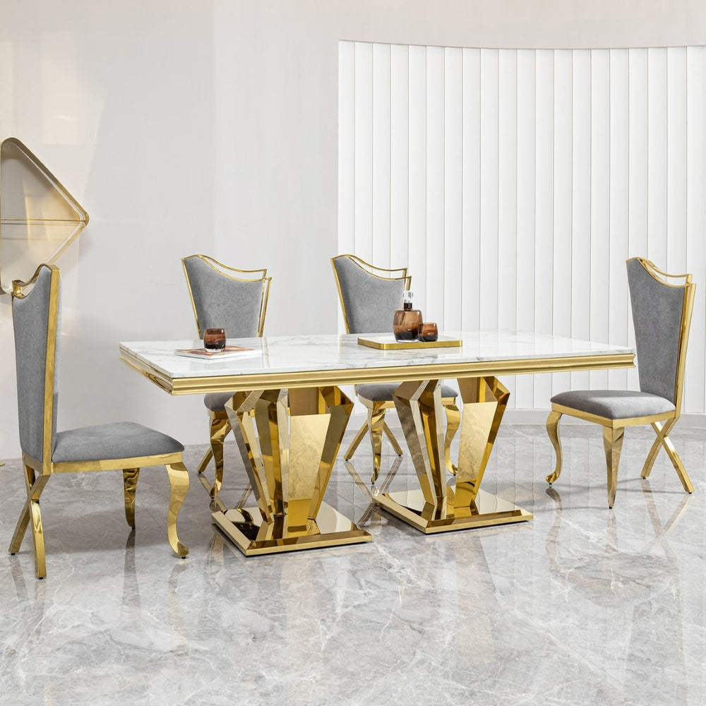 English Elm Mdf Marble Look Dining Table Seats Six Polished Gold Stainless Sculptural Base W2723S00096
