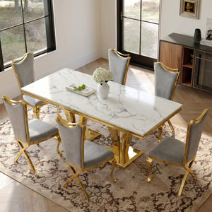 English Elm Mdf Marble Look Dining Table Seats Six Polished Gold Stainless Sculptural Base W2723S00096