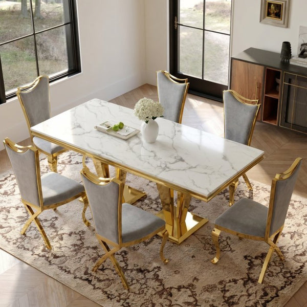 English Elm Mdf Marble Look Dining Table Seats Six Polished Gold Stainless Sculptural Base W2723S00096