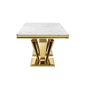 English Elm Mdf Marble Look Dining Table Seats Six Polished Gold Stainless Sculptural Base W2723S00096