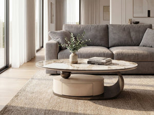 English Elm 51.18 Oval Faux Marble Glass Coffee Table with Drawer and Sculptural Steel Base W2723S00097