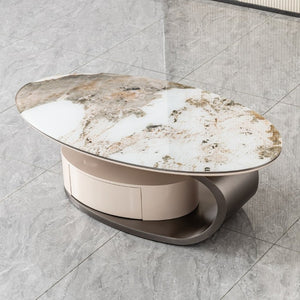 English Elm 51.18 Oval Faux Marble Glass Coffee Table with Drawer and Sculptural Steel Base W2723S00097