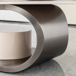 English Elm 51.18 Oval Faux Marble Glass Coffee Table with Drawer and Sculptural Steel Base W2723S00097