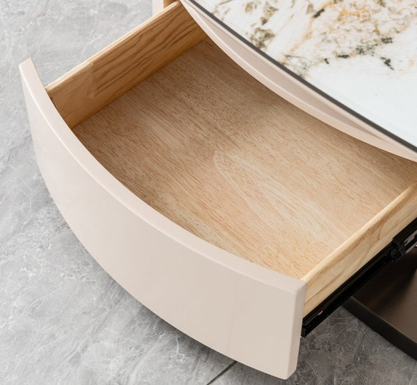 English Elm 51.18 Oval Faux Marble Glass Coffee Table with Drawer and Sculptural Steel Base W2723S00097