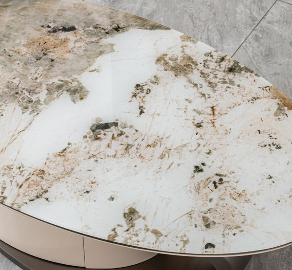 English Elm 51.18 Oval Faux Marble Glass Coffee Table with Drawer and Sculptural Steel Base W2723S00097