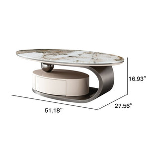 English Elm 51.18 Oval Faux Marble Glass Coffee Table with Drawer and Sculptural Steel Base W2723S00097