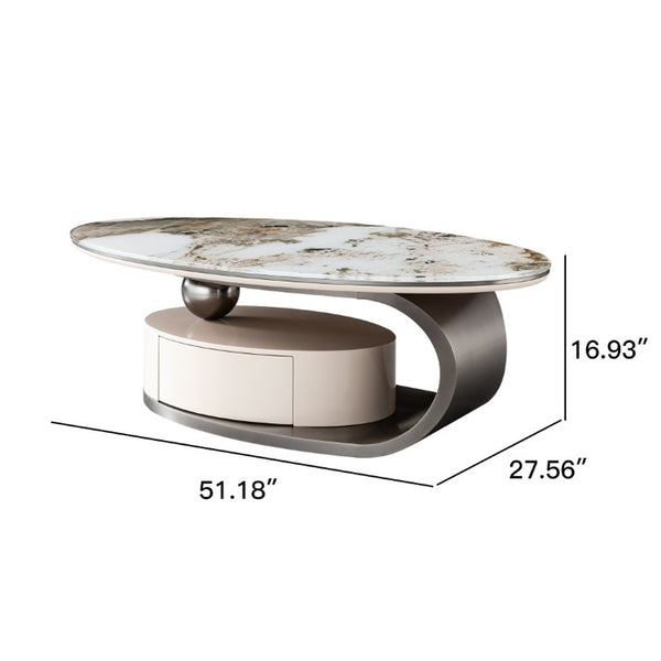 English Elm 51.18 Oval Faux Marble Glass Coffee Table with Drawer and Sculptural Steel Base W2723S00097