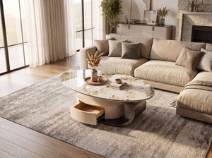 English Elm 51.18 Oval Faux Marble Glass Coffee Table with Drawer and Sculptural Steel Base W2723S00097
