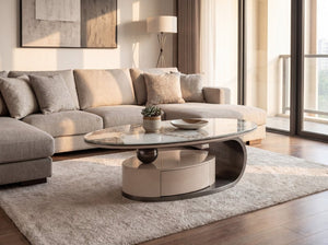 English Elm 51.18 Oval Faux Marble Glass Coffee Table with Drawer and Sculptural Steel Base W2723S00097