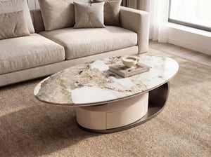 English Elm 51.18 Oval Faux Marble Glass Coffee Table with Drawer and Sculptural Steel Base W2723S00097