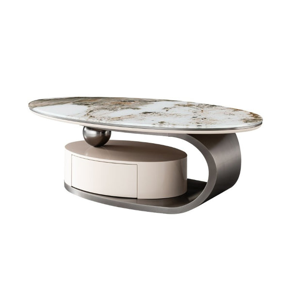 English Elm 51.18 Oval Faux Marble Glass Coffee Table with Drawer and Sculptural Steel Base W2723S00097