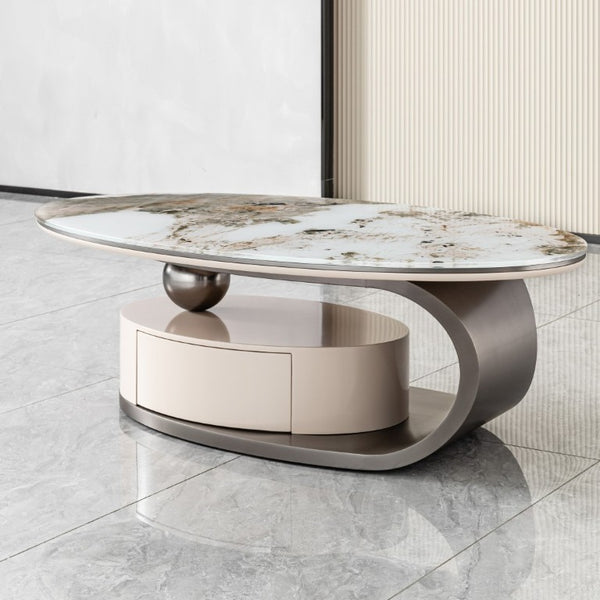 English Elm 51.18 Oval Faux Marble Glass Coffee Table with Drawer and Sculptural Steel Base W2723S00097