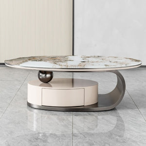 English Elm 51.18 Oval Faux Marble Glass Coffee Table with Drawer and Sculptural Steel Base W2723S00097
