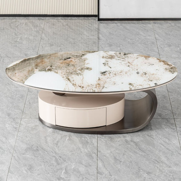 English Elm 51.18 Oval Faux Marble Glass Coffee Table with Drawer and Sculptural Steel Base W2723S00097