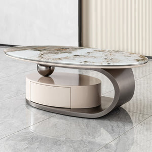 English Elm 51.18 Oval Faux Marble Glass Coffee Table with Drawer and Sculptural Steel Base W2723S00097