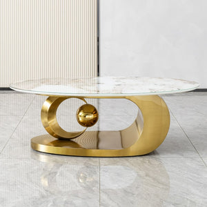 English Elm Polished Gold Stainless Steel Oval Marble Glass Top Sculptural Coffee Table for Living Room W2723S00098