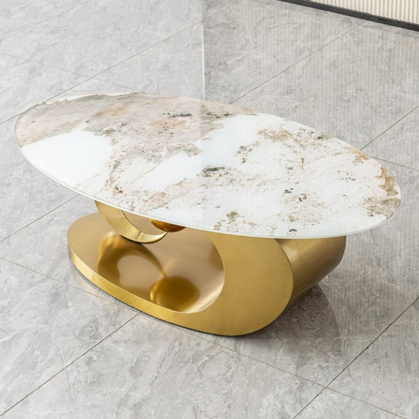 English Elm Polished Gold Stainless Steel Oval Marble Glass Top Sculptural Coffee Table for Living Room W2723S00098