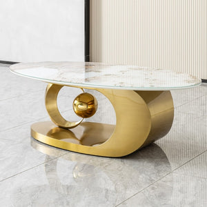 English Elm Polished Gold Stainless Steel Oval Marble Glass Top Sculptural Coffee Table for Living Room W2723S00098