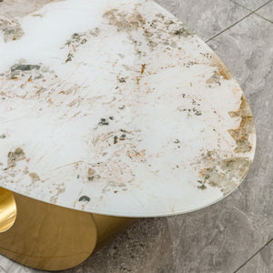 English Elm Polished Gold Stainless Steel Oval Marble Glass Top Sculptural Coffee Table for Living Room W2723S00098
