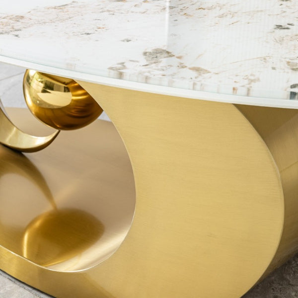English Elm Polished Gold Stainless Steel Oval Marble Glass Top Sculptural Coffee Table for Living Room W2723S00098