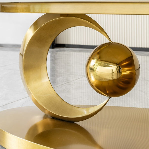 English Elm Polished Gold Stainless Steel Oval Marble Glass Top Sculptural Coffee Table for Living Room W2723S00098