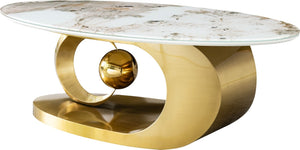 English Elm Polished Gold Stainless Steel Oval Marble Glass Top Sculptural Coffee Table for Living Room W2723S00098