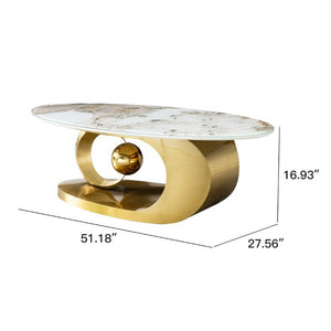English Elm Polished Gold Stainless Steel Oval Marble Glass Top Sculptural Coffee Table for Living Room W2723S00098