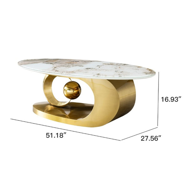 English Elm Polished Gold Stainless Steel Oval Marble Glass Top Sculptural Coffee Table for Living Room W2723S00098