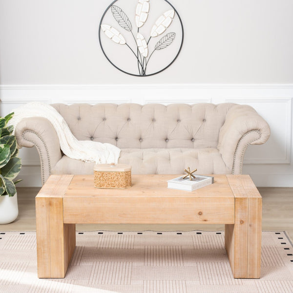 English Elm 49 Inch Whitewashed Engineered Wood Coffee Table with Block Legs for Farmhouse Living Rooms W2729P503997