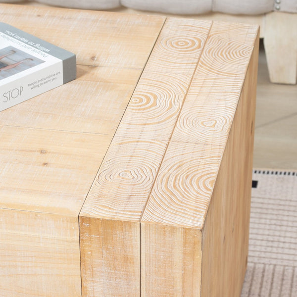 English Elm 49 Inch Whitewashed Engineered Wood Coffee Table with Block Legs for Farmhouse Living Rooms W2729P503997