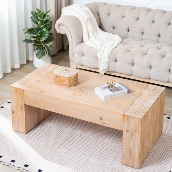 English Elm 49 Inch Whitewashed Engineered Wood Coffee Table with Block Legs for Farmhouse Living Rooms W2729P503997