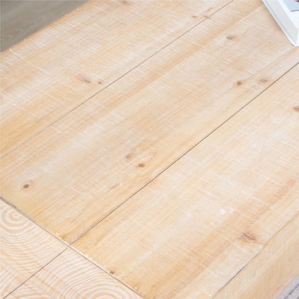 English Elm 49 Inch Whitewashed Engineered Wood Coffee Table with Block Legs for Farmhouse Living Rooms W2729P503997