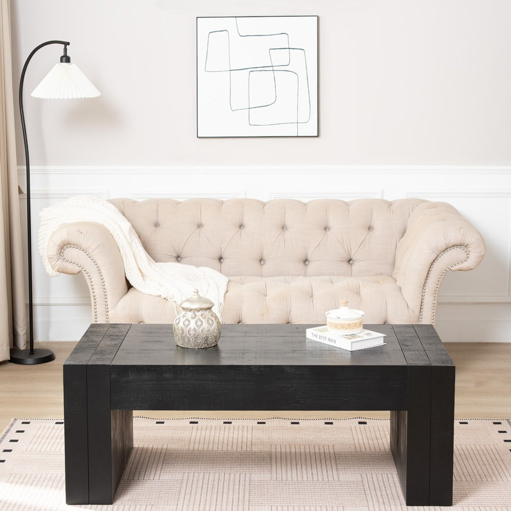 English Elm 49 Inch Distressed Black Engineered Wood Coffee Table with Bold Block Legs for Living Rooms W2729P504025