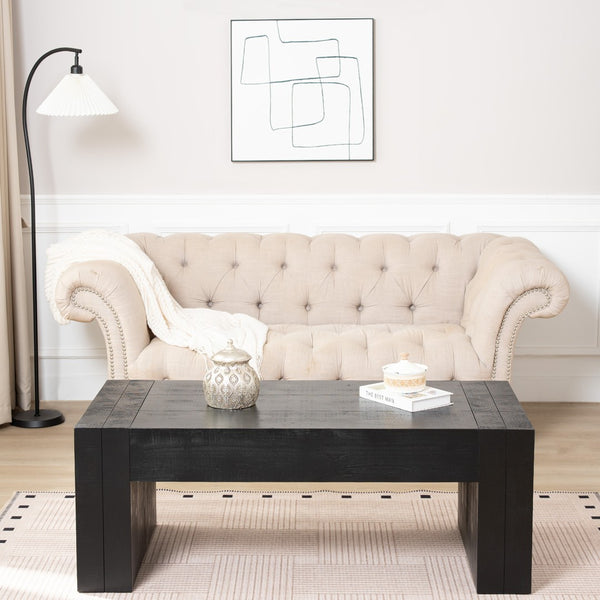 English Elm 49 Inch Distressed Black Engineered Wood Coffee Table with Bold Block Legs for Living Rooms W2729P504025