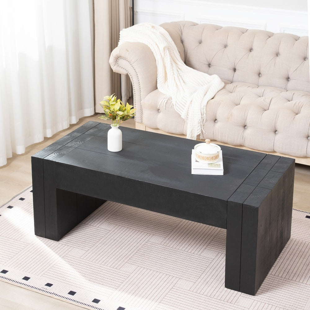 English Elm 49 Inch Distressed Black Engineered Wood Coffee Table with Bold Block Legs for Living Rooms W2729P504025