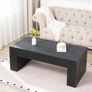 English Elm 49 Inch Distressed Black Engineered Wood Coffee Table with Bold Block Legs for Living Rooms W2729P504025