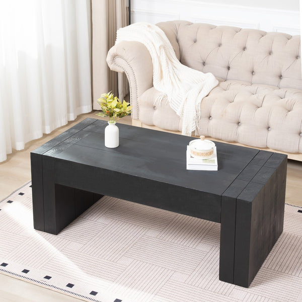 English Elm 49 Inch Distressed Black Engineered Wood Coffee Table with Bold Block Legs for Living Rooms W2729P504025