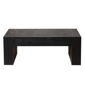English Elm 49 Inch Distressed Black Engineered Wood Coffee Table with Bold Block Legs for Living Rooms W2729P504025