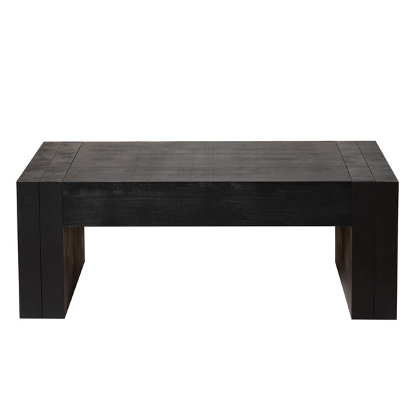 English Elm 49 Inch Distressed Black Engineered Wood Coffee Table with Bold Block Legs for Living Rooms W2729P504025