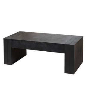 English Elm 49 Inch Distressed Black Engineered Wood Coffee Table with Bold Block Legs for Living Rooms W2729P504025