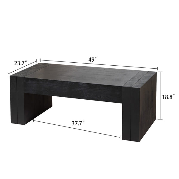 English Elm 49 Inch Distressed Black Engineered Wood Coffee Table with Bold Block Legs for Living Rooms W2729P504025