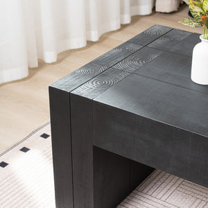 English Elm 49 Inch Distressed Black Engineered Wood Coffee Table with Bold Block Legs for Living Rooms W2729P504025
