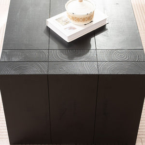 English Elm 49 Inch Distressed Black Engineered Wood Coffee Table with Bold Block Legs for Living Rooms W2729P504025
