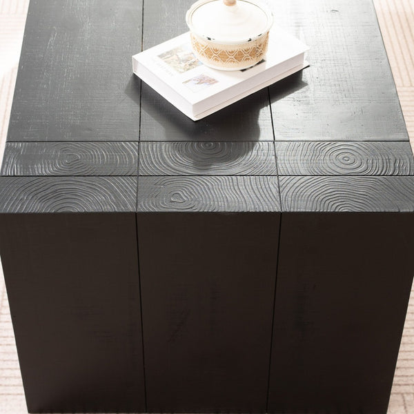 English Elm 49 Inch Distressed Black Engineered Wood Coffee Table with Bold Block Legs for Living Rooms W2729P504025