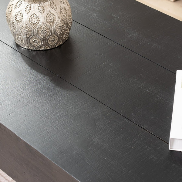 English Elm 49 Inch Distressed Black Engineered Wood Coffee Table with Bold Block Legs for Living Rooms W2729P504025